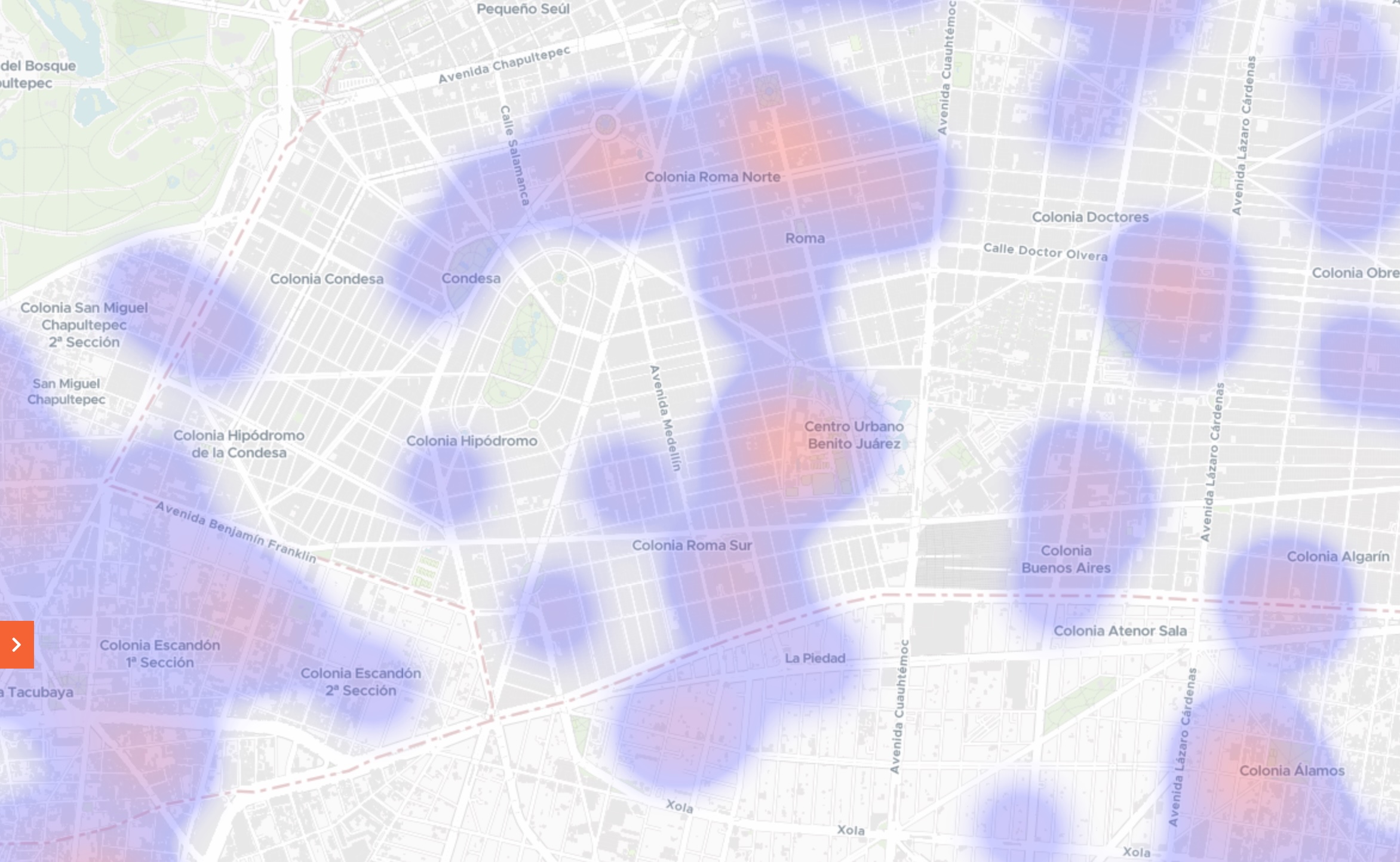 Mapa de calor de actividad de eCommerce sobre un mapa urbano, mostrando patrones geográficos de demanda